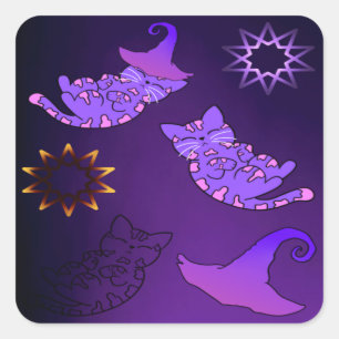 Purple Kittens with Witch Hats and Stars Square Sticker