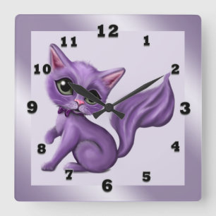 Purple Kitty Square Wall Clock