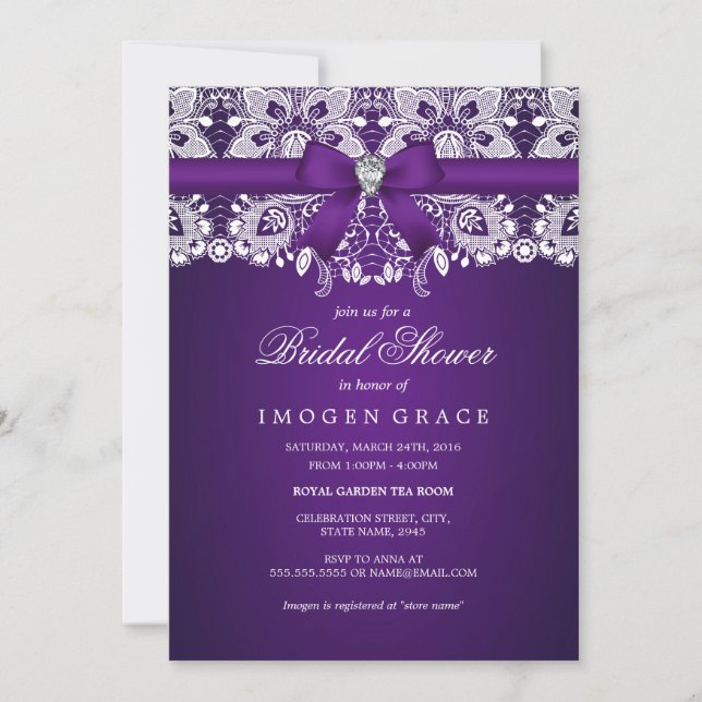 Purple Lace & Bow Bridal Shower Invitation (Front)