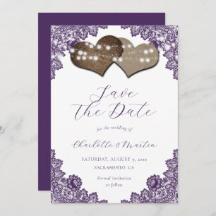 Purple Lace Burlap Hearts Rustic Wedding Save The Date