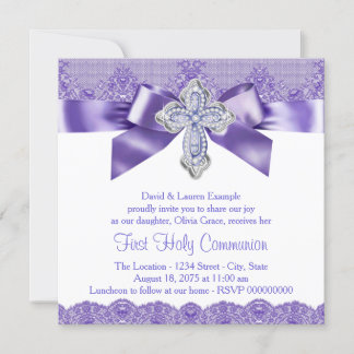 Purple Lace Cross First Holy Communion Invitation