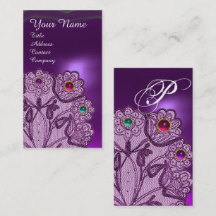 PURPLE LACE FLOWERS AND COLORFUL GEMS MONOGRAM BUSINESS CARD