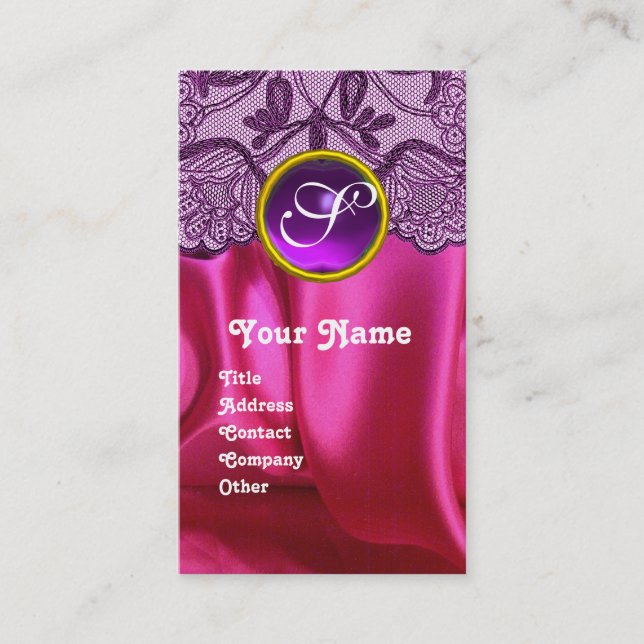 PURPLE LACE PINK FUCHSIA SILKCLOTH, GEM MONOGRAM BUSINESS CARD (Front)