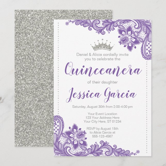 Purple Lace & Silver Glitter Princess Quinceañera Invitation (Front/Back)