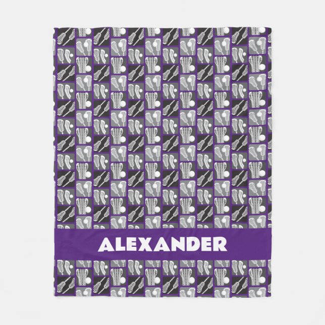 Purple Lacrosse Blocks of Sticks and Balls Fleece Blanket (Front)