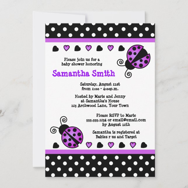 Purple Ladybug Baby Shower Black White Polka Dots Invitation (Front)