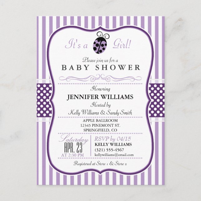 Purple Ladybug; Girl Baby Shower Invitation (Front)