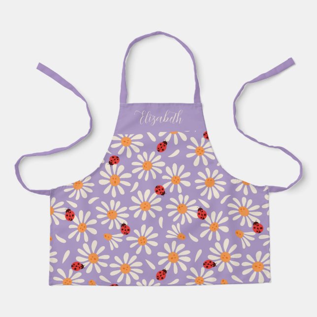 Purple Ladybugs & Daisies Personalized Kids Apron (Front)