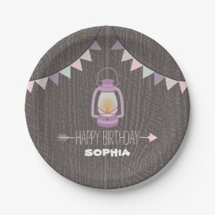 Purple Lantern Camping Birthday Paper Plate