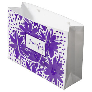 Purple Large Personalized Floral Design  Gift Bag