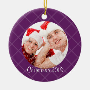 Purple lattice holiday photo memory sentimental ceramic ornament