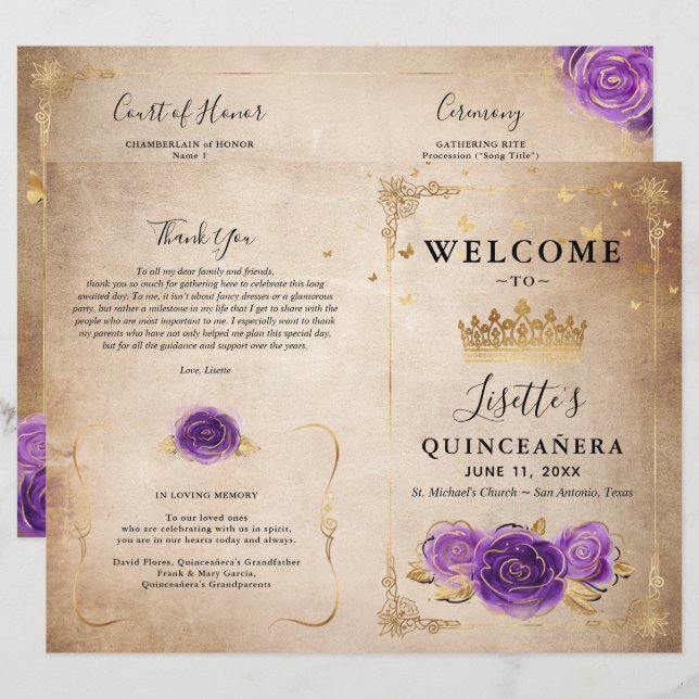 Purple Lavande et Roses d'or Programme Quinceanera (Devant / Derrière)