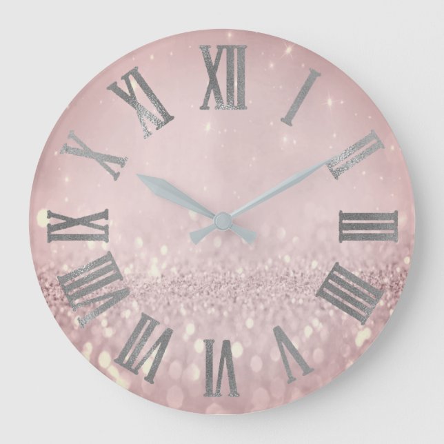 Purple Lavande Glitter Blush Metallic Roman Numers Large Clock (Front)