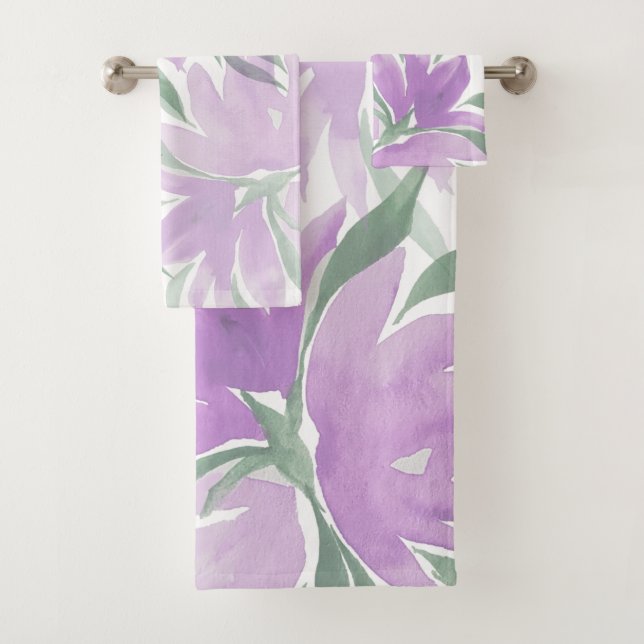 Purple Lavander Watercolor Elegant Floral Bath Towel Set (Insitu)