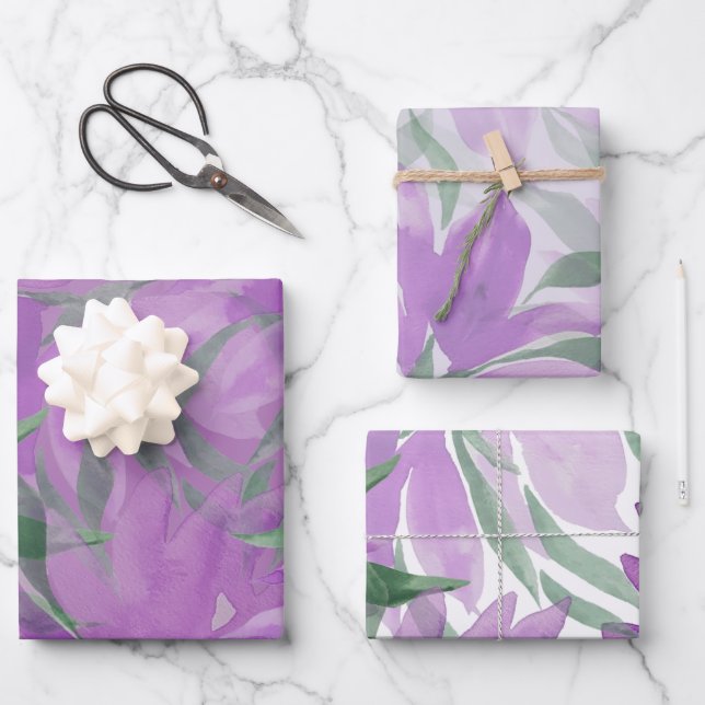Purple Lavander Watercolor Elegant Floral Wrapping Paper Sheet (Front)
