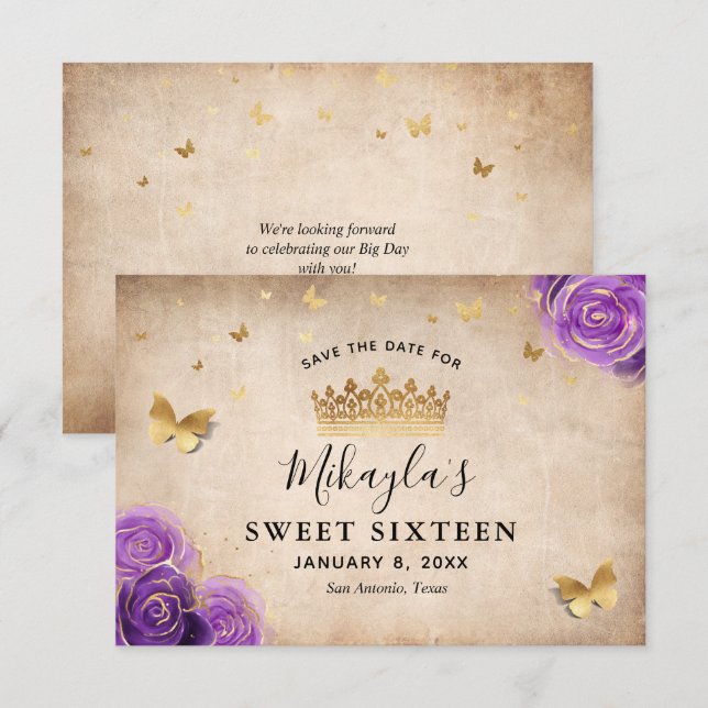 Purple Lavender and Gold Roses Elegant Save The Date (Front/Back)