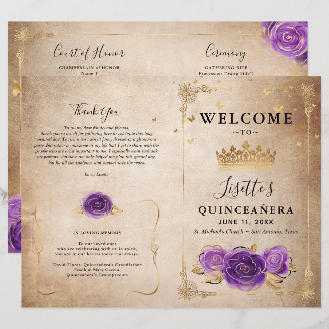 Purple Lavender and Gold Roses Quinceanera Program (Front/Back)