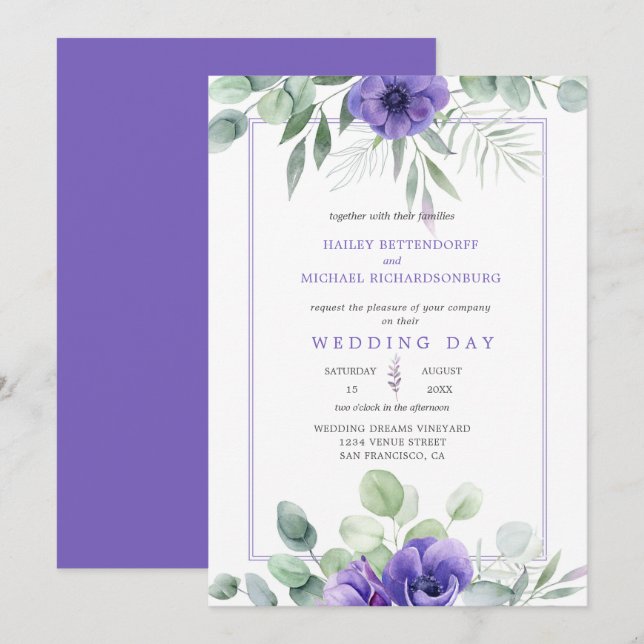 Purple Lavender Anemones and Greenery Border Invitation (Front/Back)