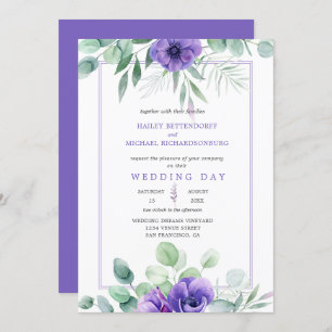 Purple Lavender Anemones and Greenery Border Invitation