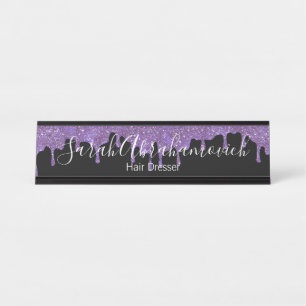 Purple Lavender & Black Glitter Drips Desk Sign