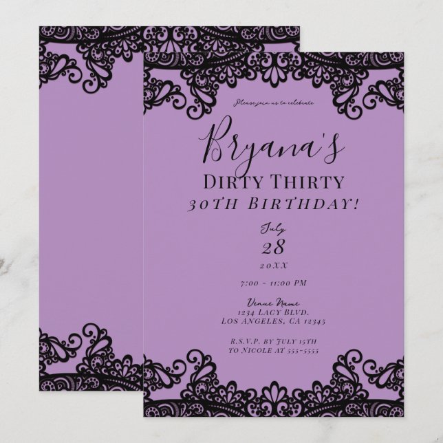 Purple Lavender Black Lace Dirty 30 Birthday   Invitation (Front/Back)