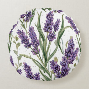 Purple Lavender Blooms Watercolor Botanical Round Pillow