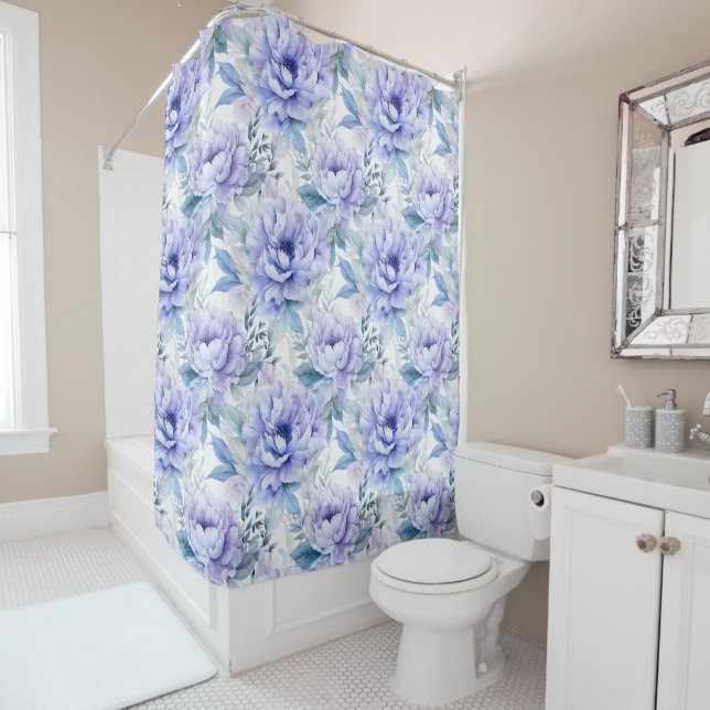 Purple, Lavender, Blue Peony Floral Shower Curtain (In Situ)