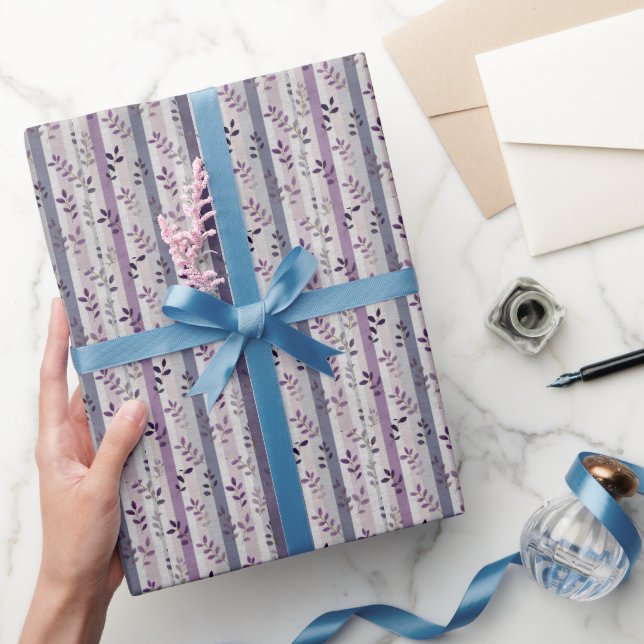Purple Lavender Botanical Stripe Birthday Bridal Wrapping Paper (Gifting)