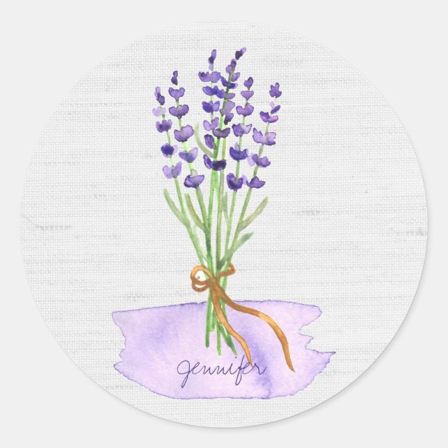 Purple Lavender Bouquet on Rustic Linen Burlap Classic Round Sticker (Front)
