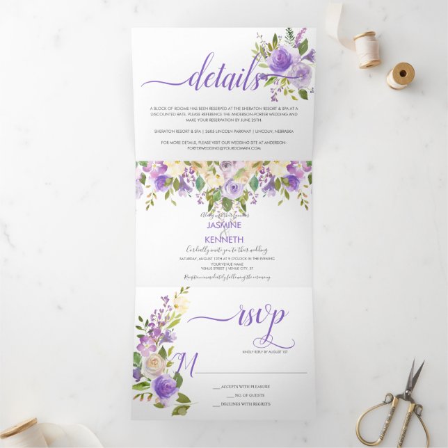 Purple Lavender Champagne Watercolor Floral Tri-Fold Invitation (Inside)