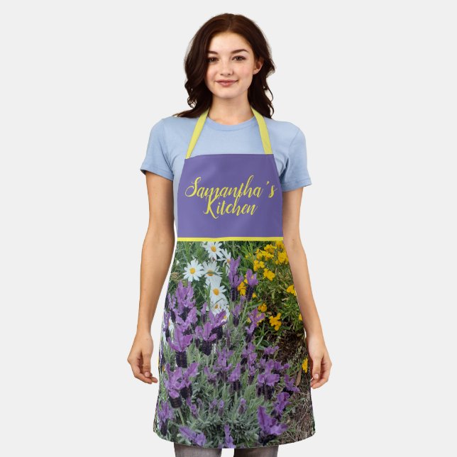 Purple Lavender Daisy Flowers Floral Mums Kitchen  Apron (Worn)