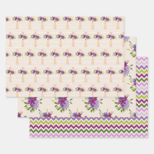 PURPLE & LAVENDER EASTER CROSSES WATERCOLOR FLOWER WRAPPING PAPER SHEET