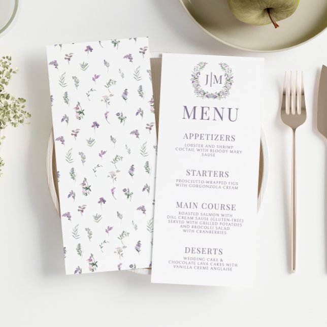 Purple lavender elegant floral rustic wedding menu (Creator Uploaded)