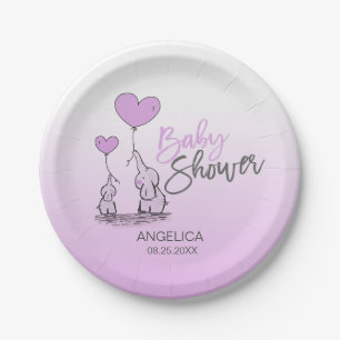 Purple Lavender Elephant Gender Baby Shower Paper Plate