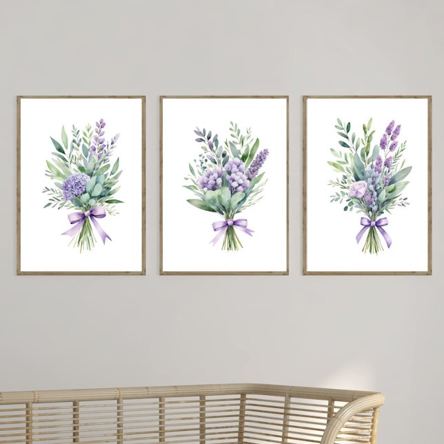 Purple Lavender Eucalyptus Fleur sauvage Floral Im (Lavender Pastel Purple Flowers Wall Art Set of three prints posters. Framed or unframed)