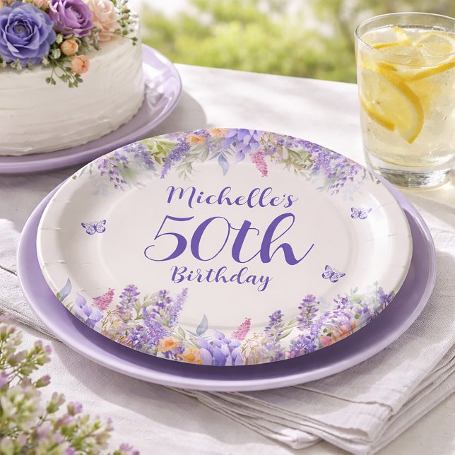 Purple Lavender Floral 50th Birthday Paper Plate (50th Birthday Garden Party Celebration )