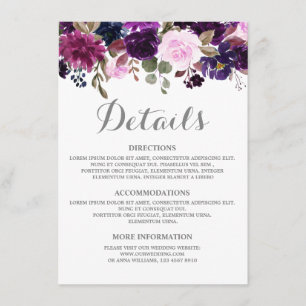 Purple Lavender Floral Boho Mariage Détails carte