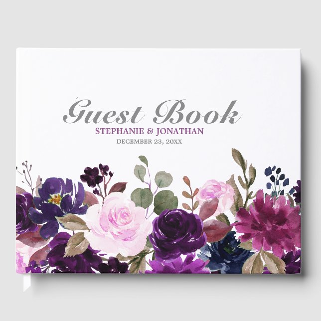 Purple Lavender Floral Boho Wedding Guest Book (Front)