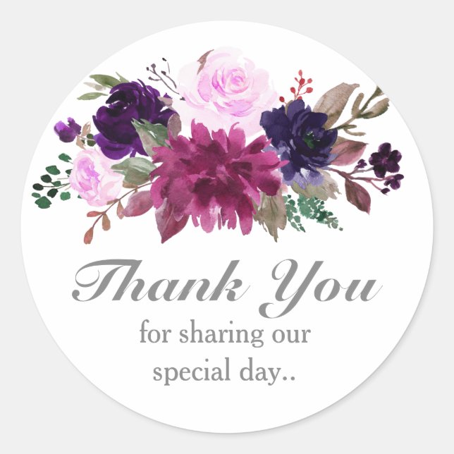 Purple Lavender Floral Boho Wedding thank you Classic Round Sticker (Front)