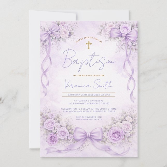 Purple Lavender Floral Bow Christening Invite (Front)