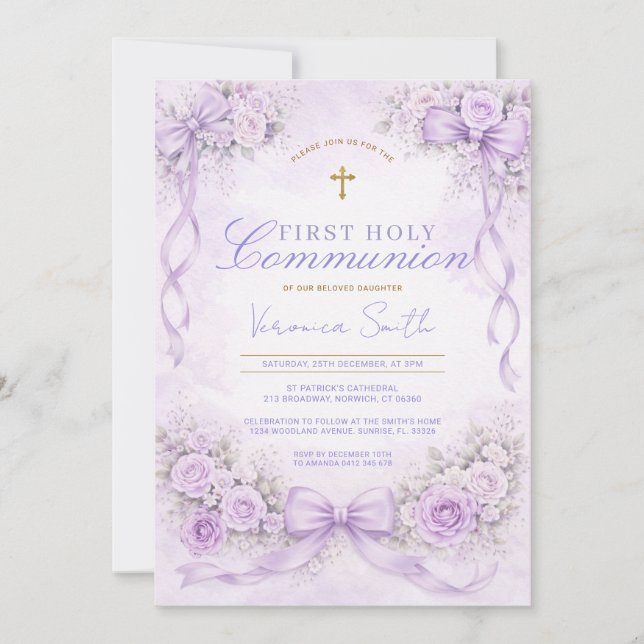 Purple Lavender Floral Bow First Holy Communion Invitation (Front)