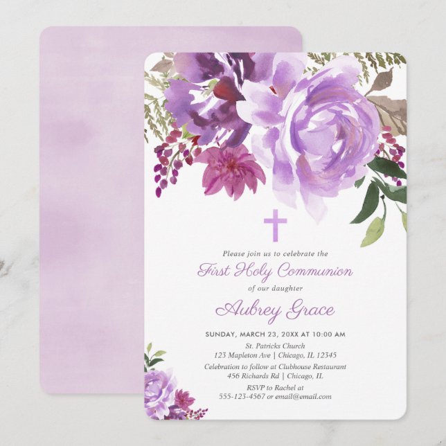Purple lavender floral first holy communion girl  invitation (Front/Back)