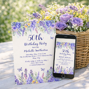 Purple Lavender Floral Garden Party 50th Birthday Invitation