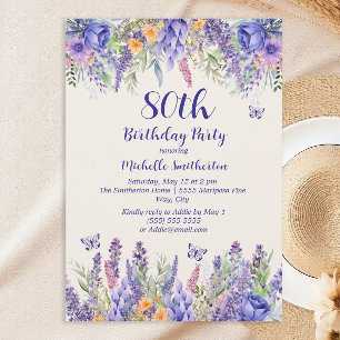 Purple Lavender Floral Garden Party 80th Birthday Invitation