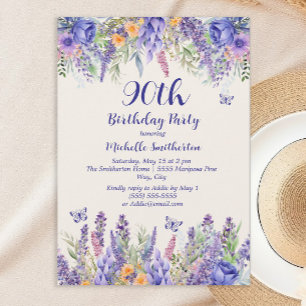 Purple Lavender Floral Garden Party 90th Birthday Invitation