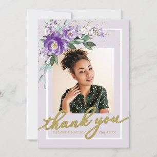 Purple Lavender Floral Graduation Photo Thank You Card