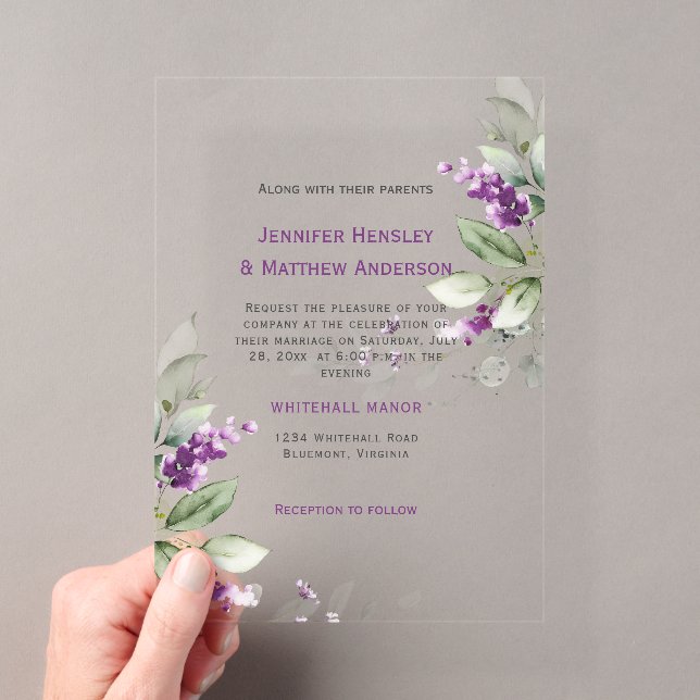 Purple Lavender Floral Greenery Wedding Acrylic Invitations (Insitu (Handheld))