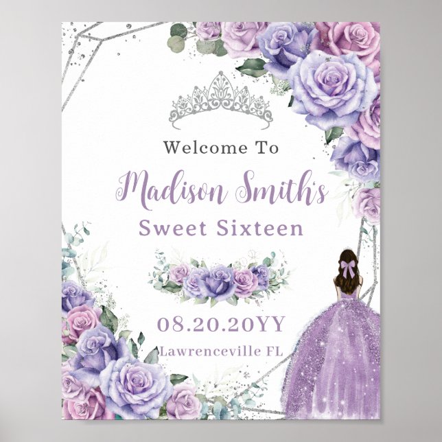 Purple Lavender Floral Princess Sweet 16 Birthday Poster (Front)