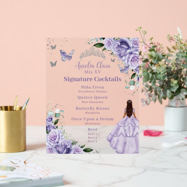 Purple Lavender Floral Quinceanera Cocktails Menu Acrylic Sign (Wedding)