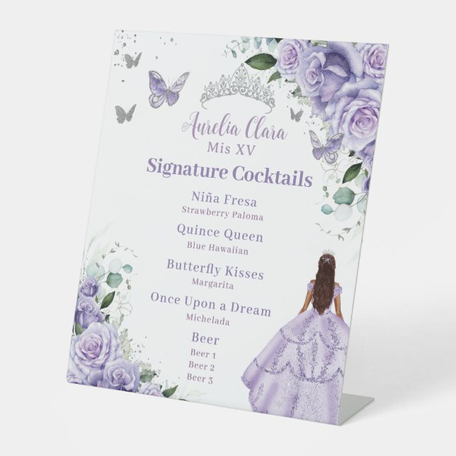 Purple Lavender Floral Quinceañera Cocktails Menu Pedestal Sign (Front)